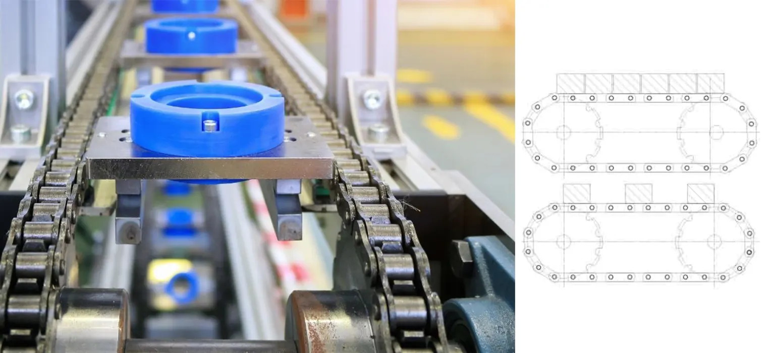 金属装飾システム用コンベアチェーンの動作原理1